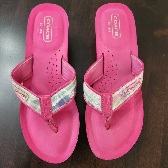 Coach Jaicee Poppy Beach Plaid Pink Wedge Flip Flop Sandals Size 6 - Picture 3 of 6